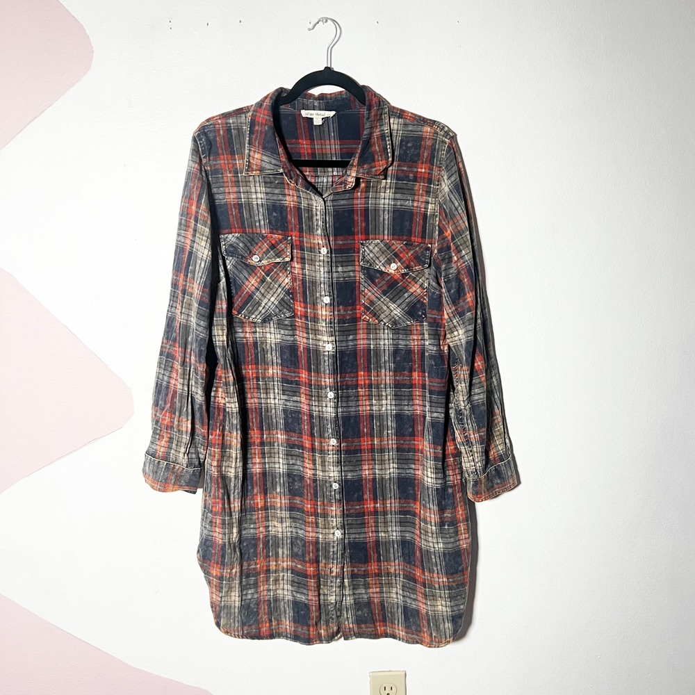 Plaid Shirt Dress Womens XL 100% Cotton Blue Acid Wash Tunic